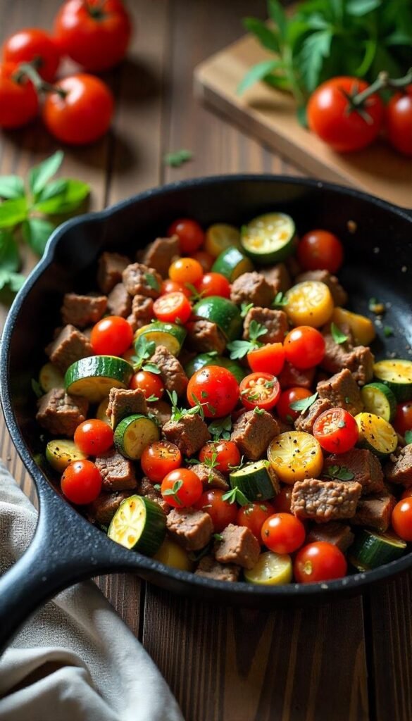 Savory Chopped Beef and Zucchini Skillet Recipe Savory Chopped Beef and Zucchini Skillet Recipe