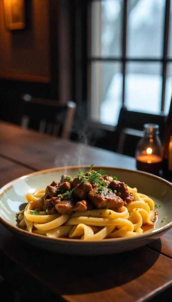 Savory Chopped Beef Stroganoff over Egg Noodles Savory Chopped Beef Stroganoff over Egg Noodles