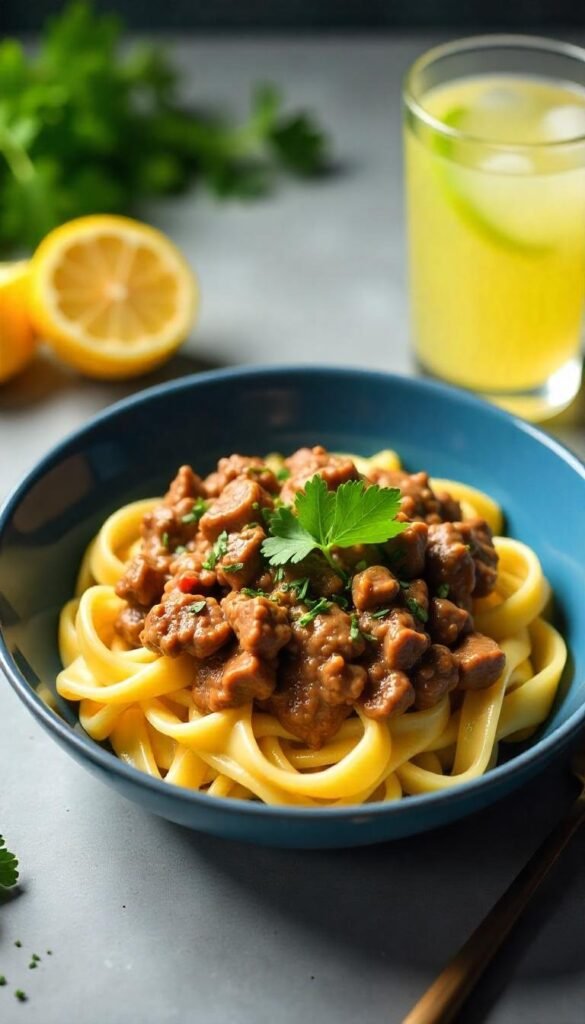 Savory Chopped Beef Stroganoff over Egg Noodles Savory Chopped Beef Stroganoff over Egg Noodles