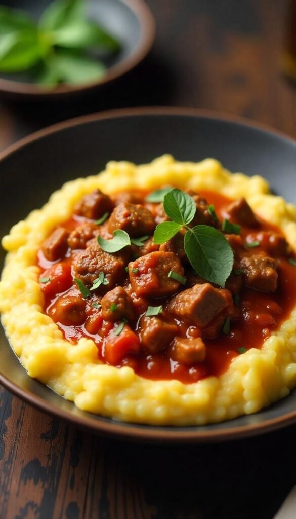 Savory Chopped Beef Ragu with Creamy Polenta Savory Chopped Beef Ragu with Creamy Polenta
