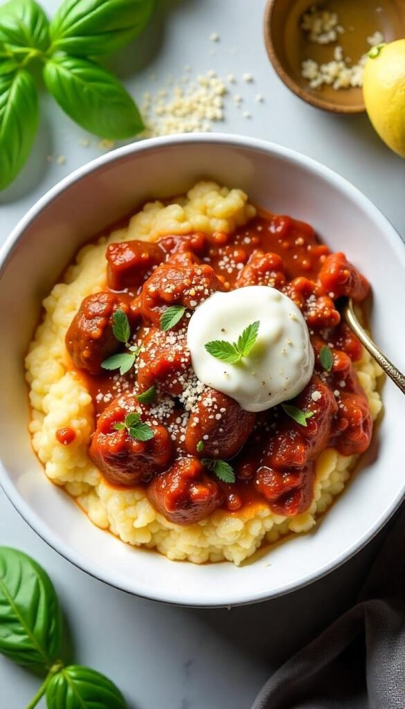 Savory Chopped Beef Ragu with Creamy Polenta Savory Chopped Beef Ragu with Creamy Polenta