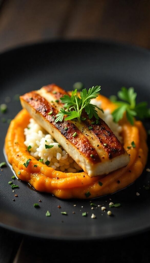 Pan-Seared Branzino with Sweet Potato Mash Pan-Seared Branzino with Sweet Potato Mash