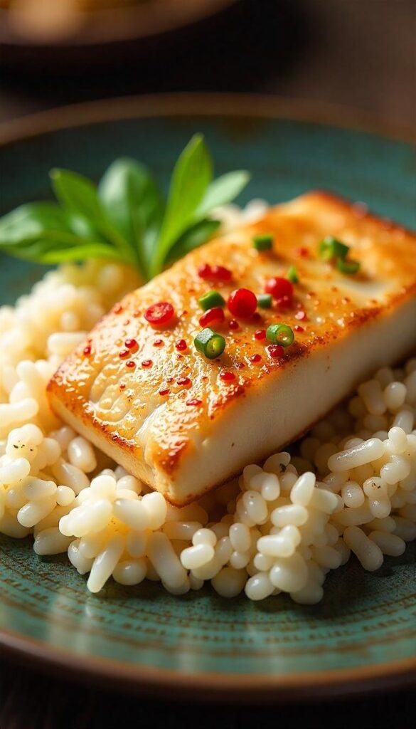 Pan-Seared Sea Bass with Creamy Coconut Rice Pan-Seared Sea Bass with Creamy Coconut Rice