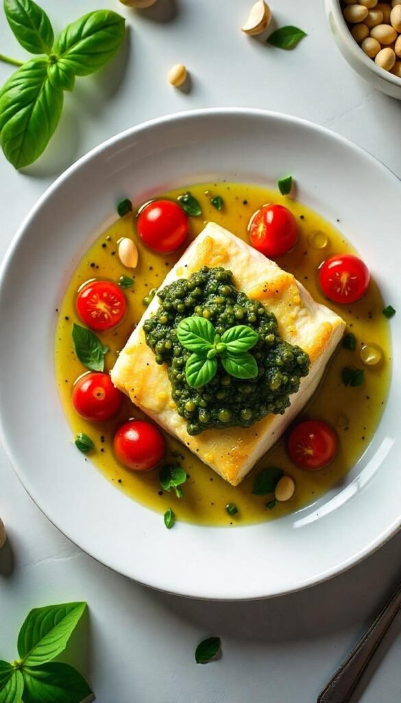 Baked Cod with Pesto and Cherry Tomatoes Baked Cod with Pesto and Cherry Tomatoes