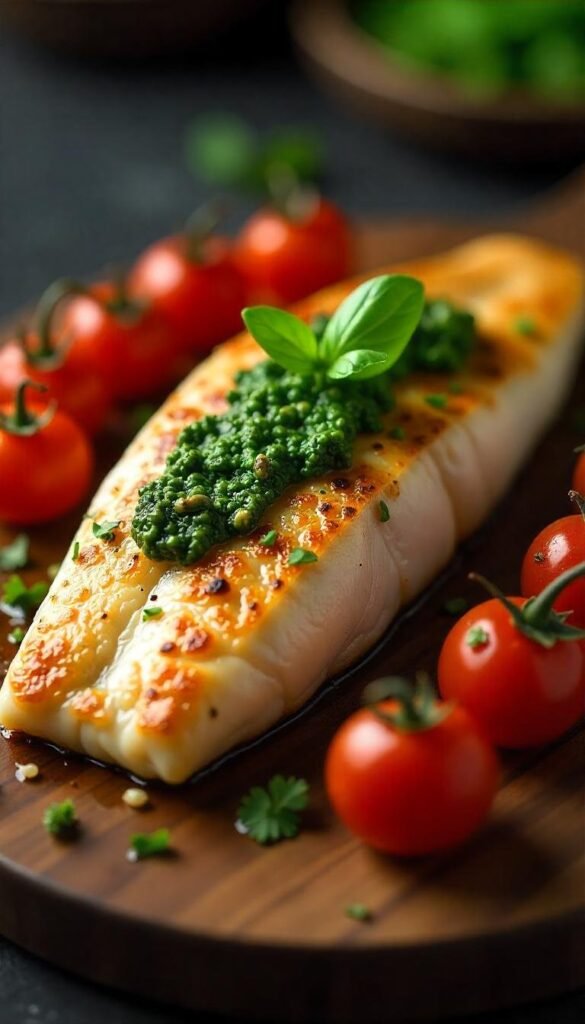 Branzino Fillet with Pesto and Roasted Cherry Tomatoes Branzino Fillet with Pesto and Roasted Cherry Tomatoes