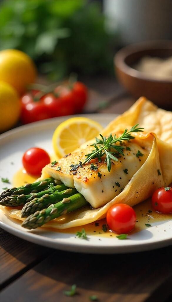 Herb-Infused Sea Bass en Papillote with Seasonal Vegetables Herb-Infused Sea Bass en Papillote with Seasonal Vegetables