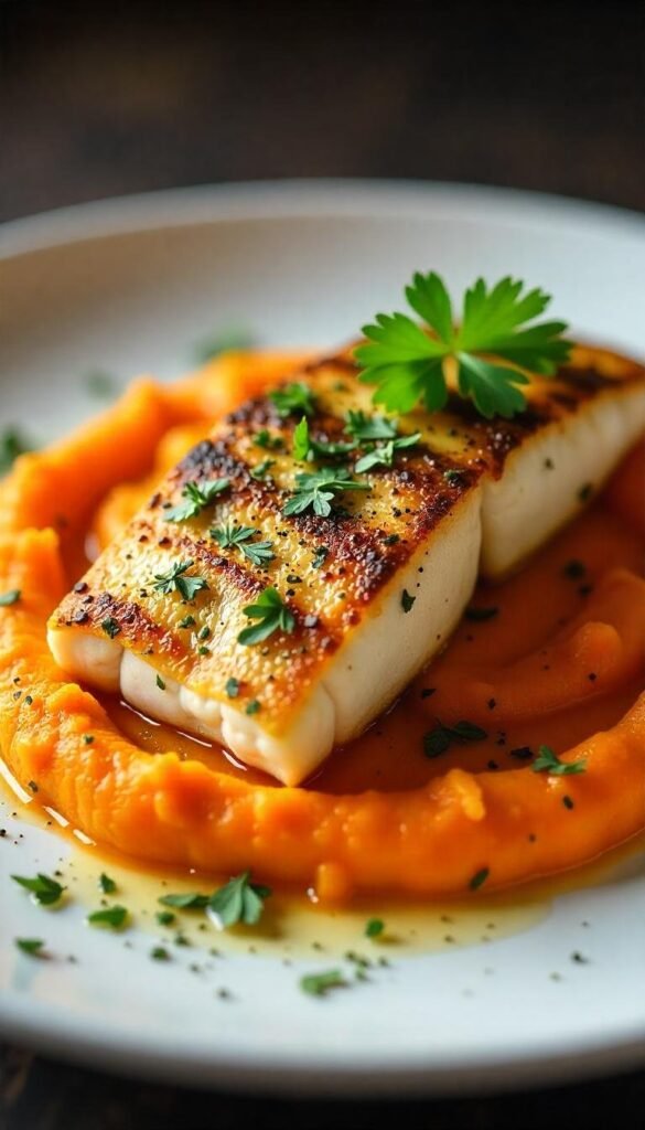 Pan-Seared Branzino with Sweet Potato Mash Pan-Seared Branzino with Sweet Potato Mash