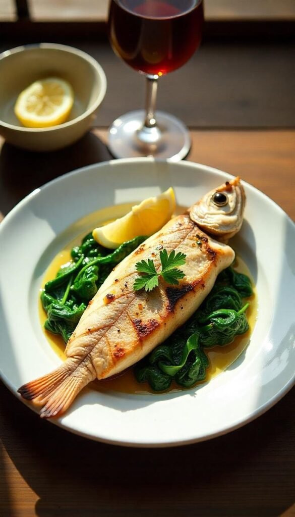 Grilled Branzino with Garlic Sautéed Spinach Grilled Branzino with Garlic Sautéed Spinach