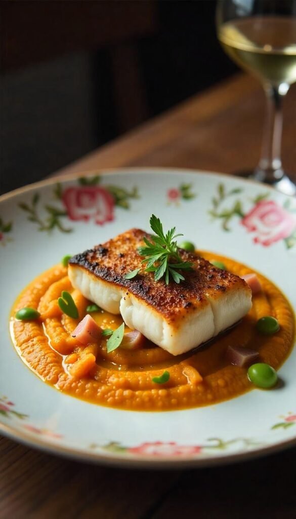 Pan-Seared Sea Bass with Carrot Ginger Puree Pan-Seared Sea Bass with Carrot Ginger Puree